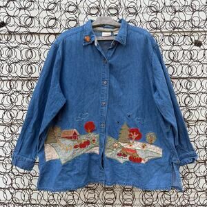 Vintage 90s Bobbie Brooks Fall Harvest Farm Orchard Denim Shacket Shirt 22W/24W